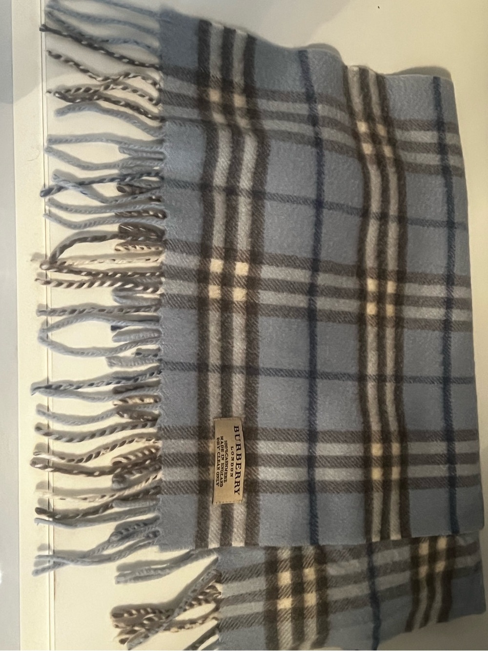 Burberry Light Blue and Gray Check Fringed Scarf